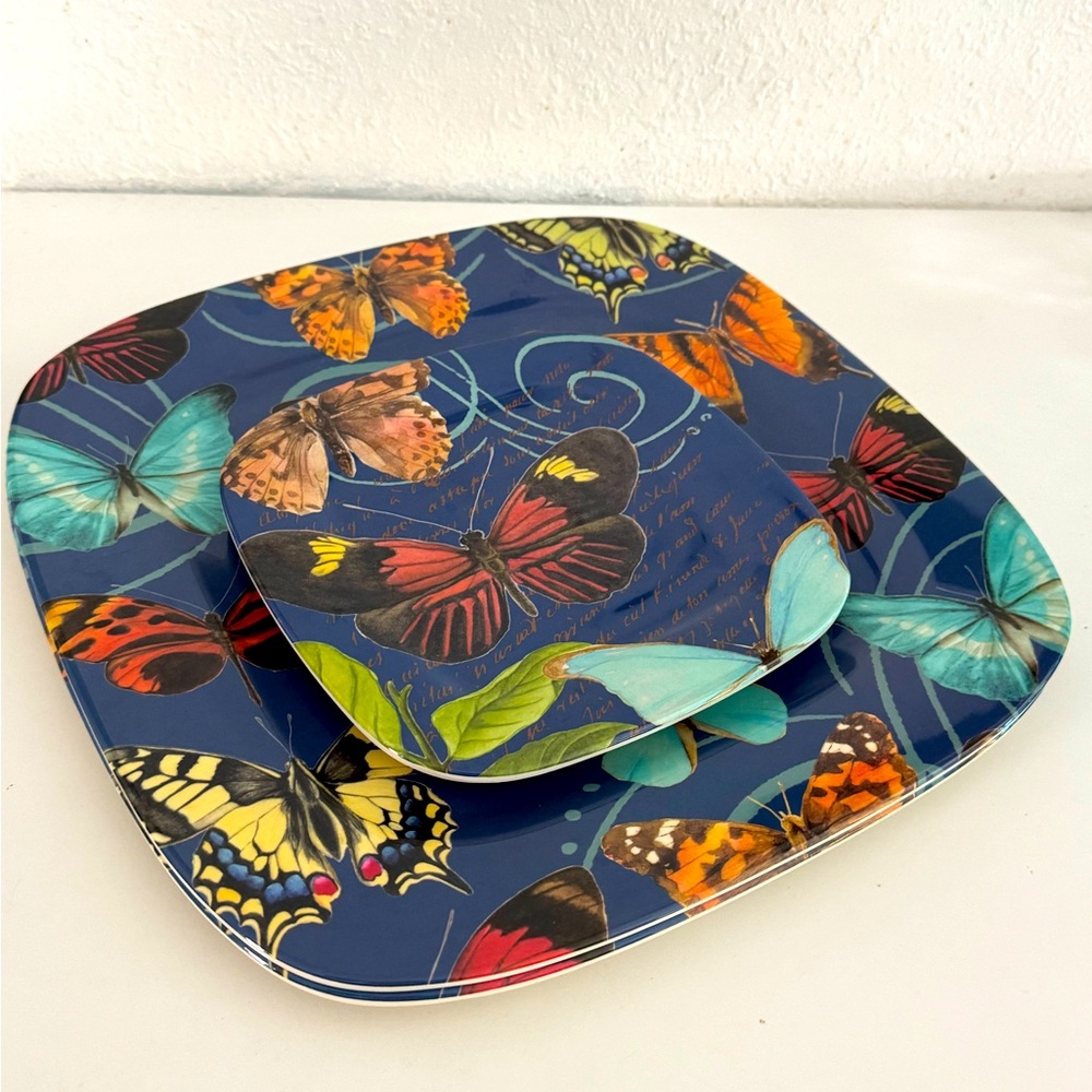 Set 3 Butterfly Butterflies 2 Serving Trays Melamine Blue 14” x 14” & One Plate